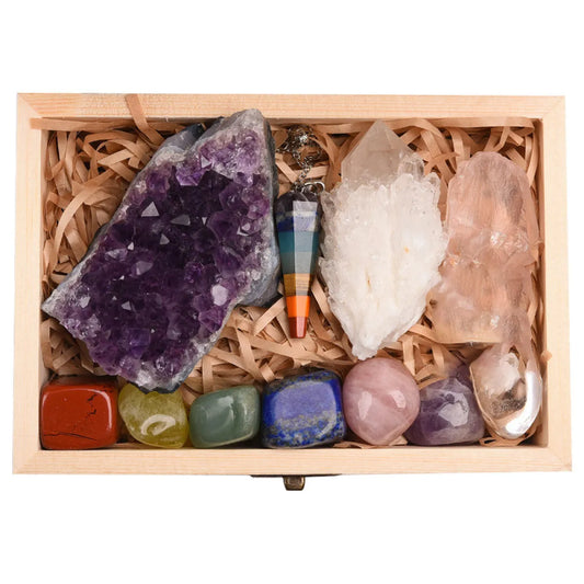 Divinne Crystal Gift Set Box displaying amethyst cluster, clear quartz, rose quartz and chakra healing stones in wooden case